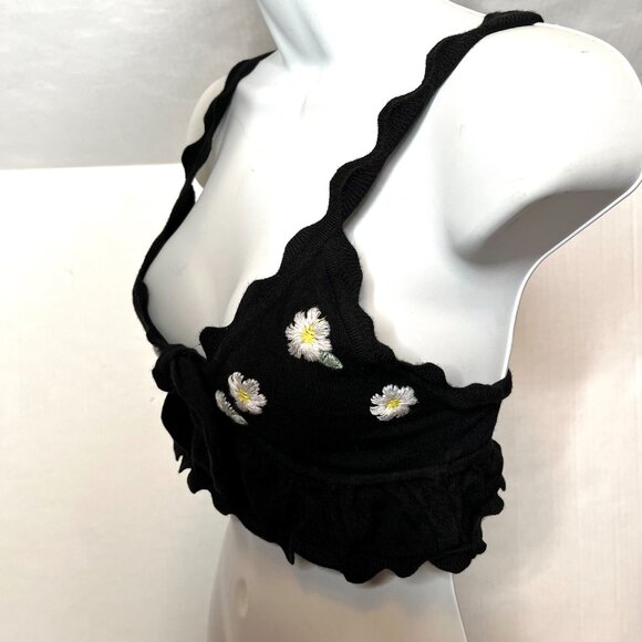 For Love & Lemons Daisy Knit Bra Size XS Black Yellow Floral Crop Top Bralette S - Picture 7 of 10